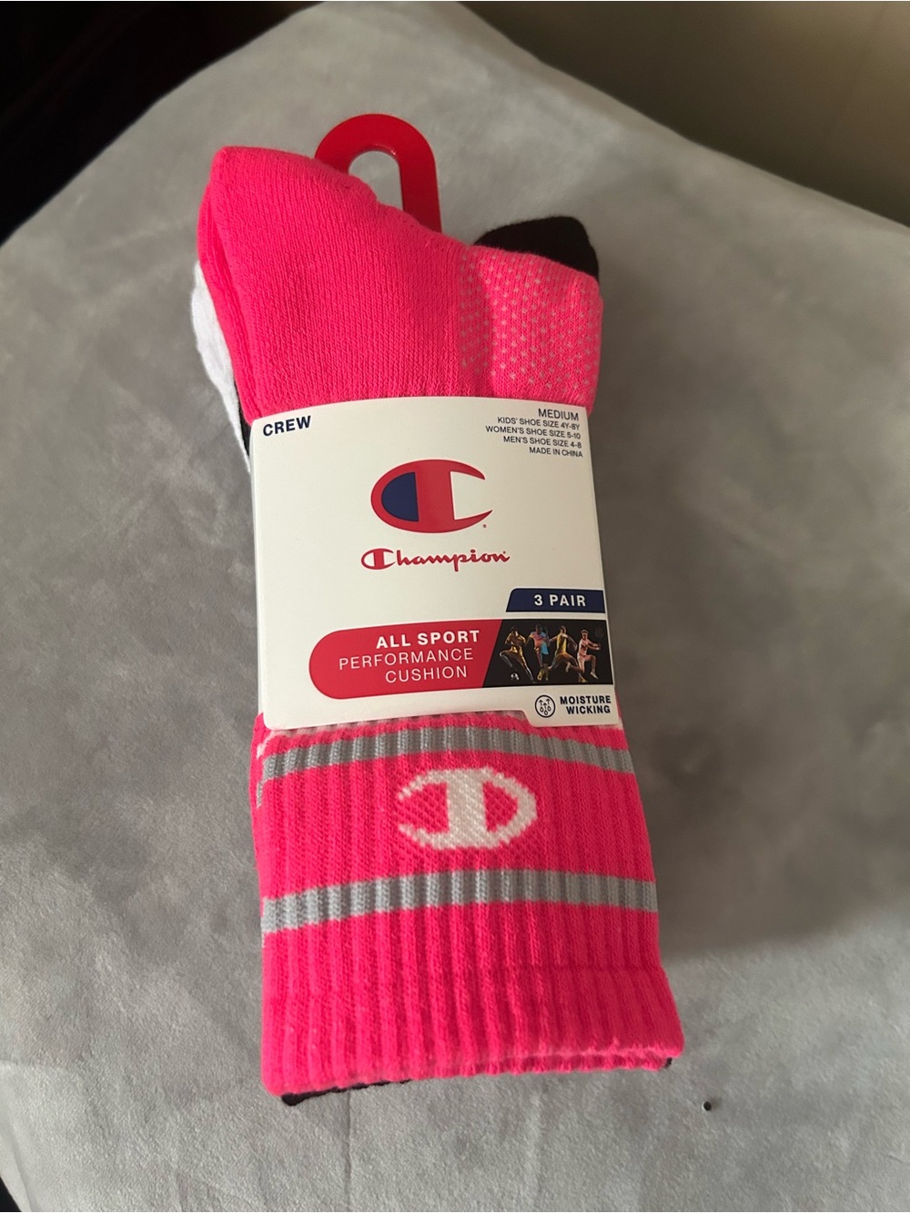Champion Men’s Crew Athletic Socks in Bright Pink with Gray Accents (3-Pack)